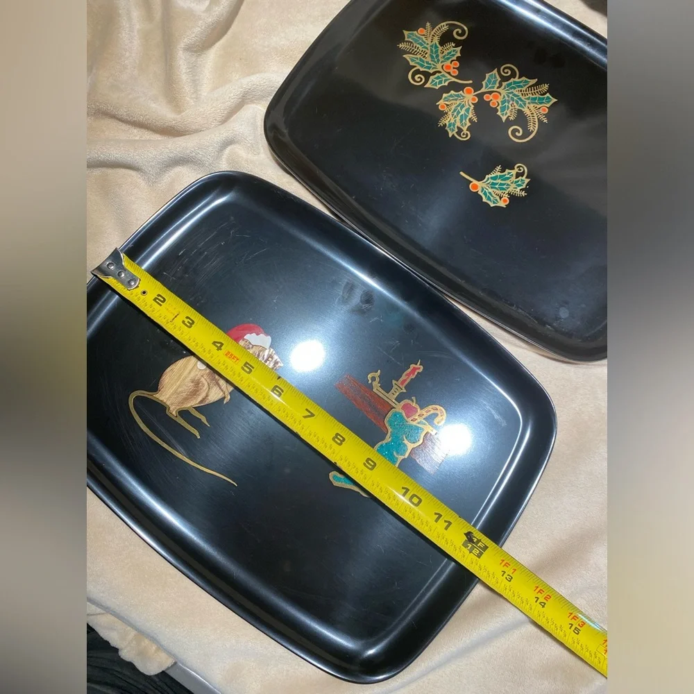 Vintage Couroc Christmas Mouse Inlay Serving Trays Black Lacquer Rectangle
